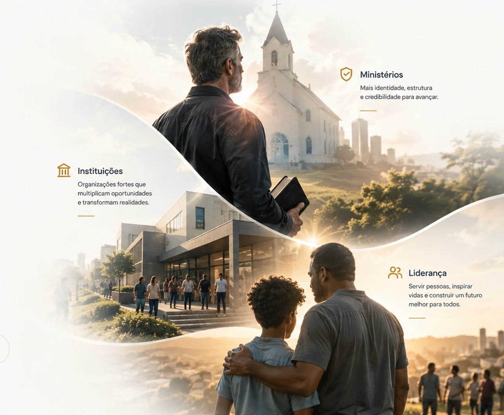 Composição aspiracional de liderança, ministério e impacto comunitário conectada por linhas douradas